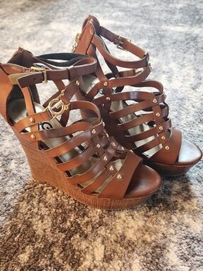G by Guess Brown Strappy Wedge Sandals with Gold Accents